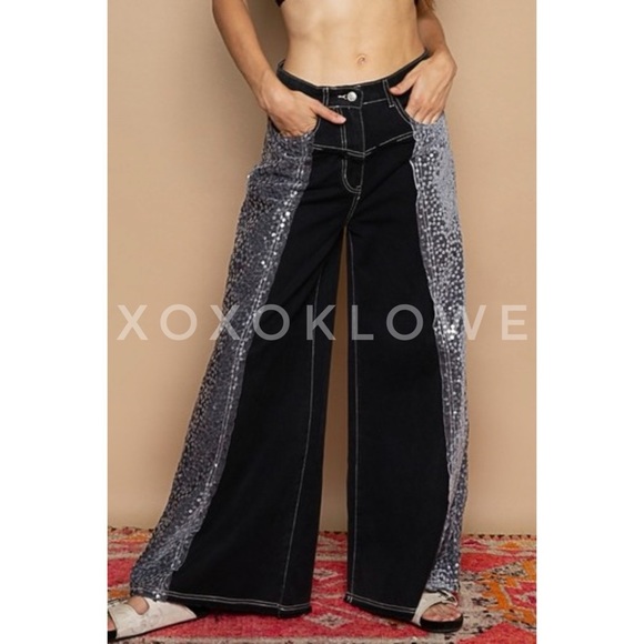 POL Floral Sequin & Velvet Side Stripe Wide Leg Jeans - Picture 4 of 14